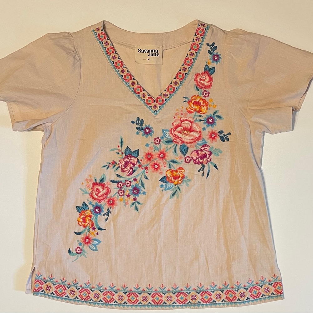 Savanna Jane Geometric Floral Embroidered Blouse size M